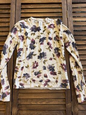 Jones New York Floral Scoop Neck Cream Sweater with Purple & Pink Blooms Small